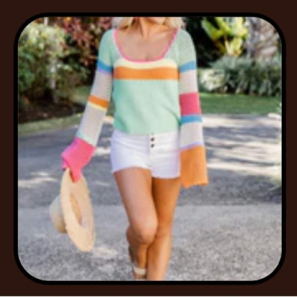 Pink Lily Color Block Knit Sweater – Bright Rainbow Striped Long Sleeve Top